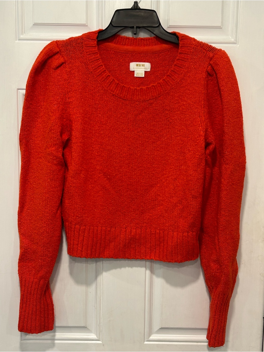 Maeve By Anthropologie Crew Neck Cropped Sweater Puff Sleeve Red/Orange Medium